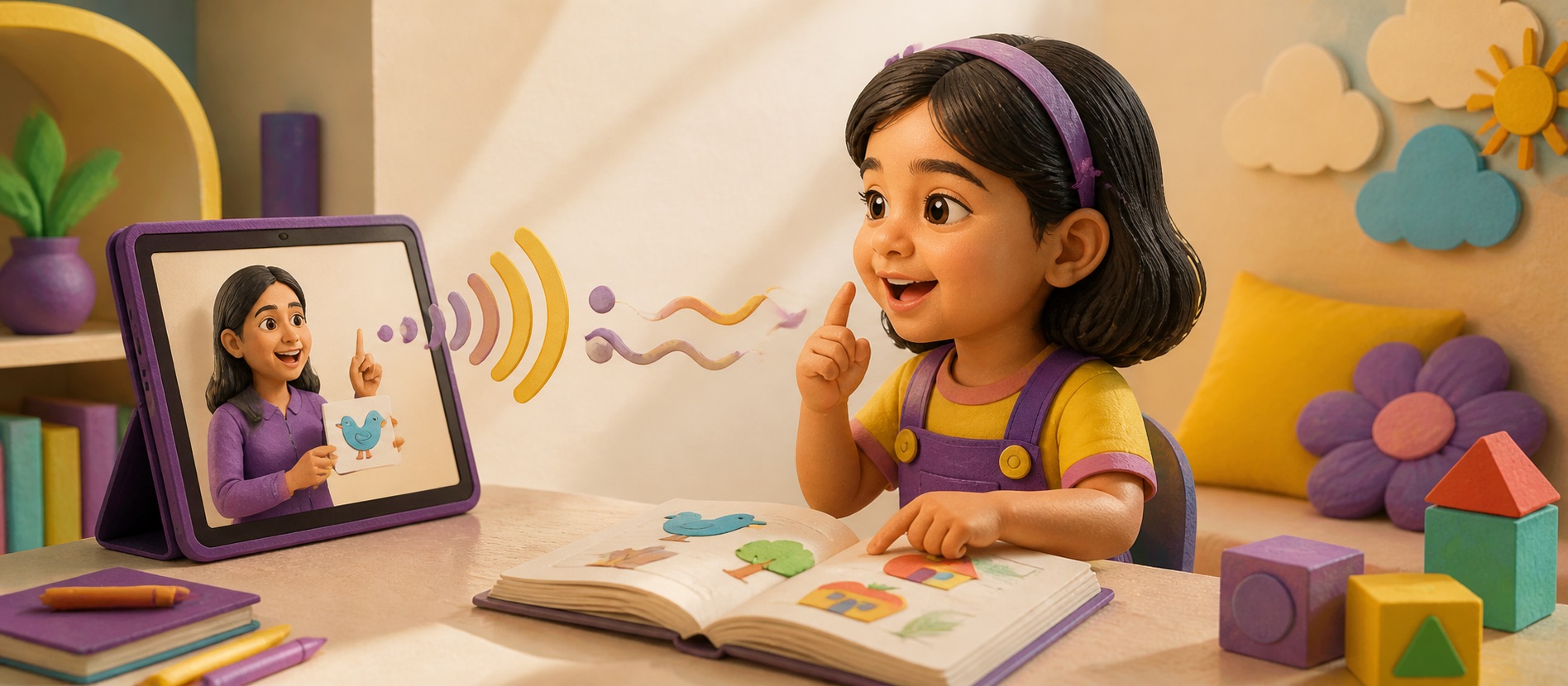 A child happily learning to read with a live 1:1 English teacher