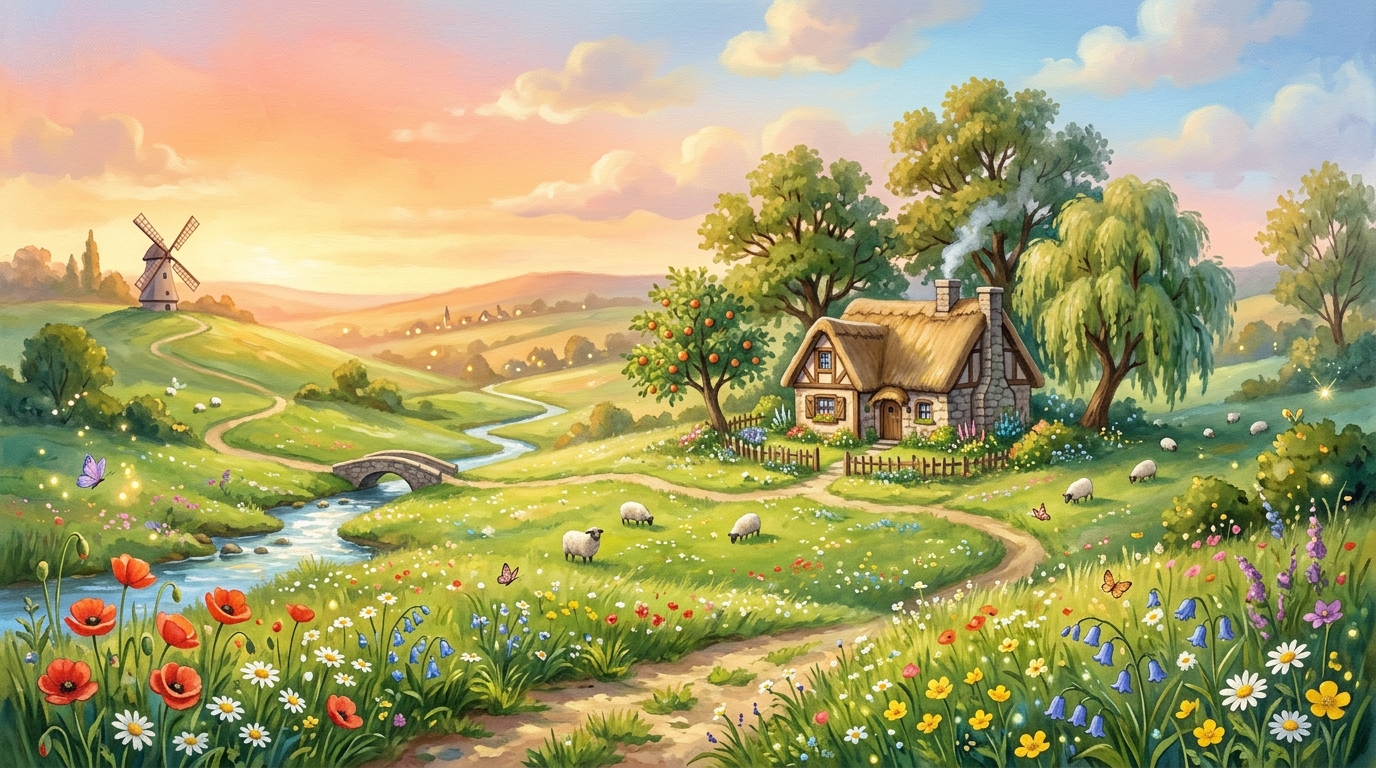 Whimsical countryside storybook meadow illustration with cottage, hills and flowers