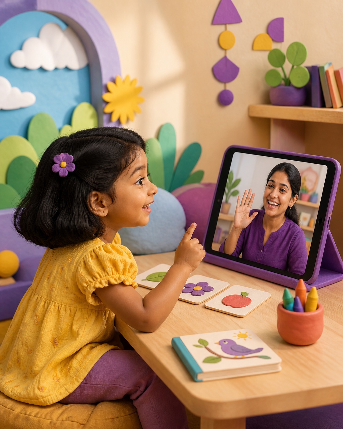 A young child responding to her teacher during a live online class