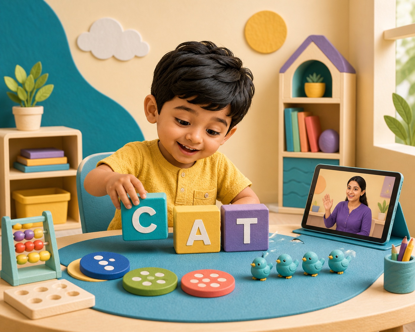 An LKG child learning letters and early counting during a live online class