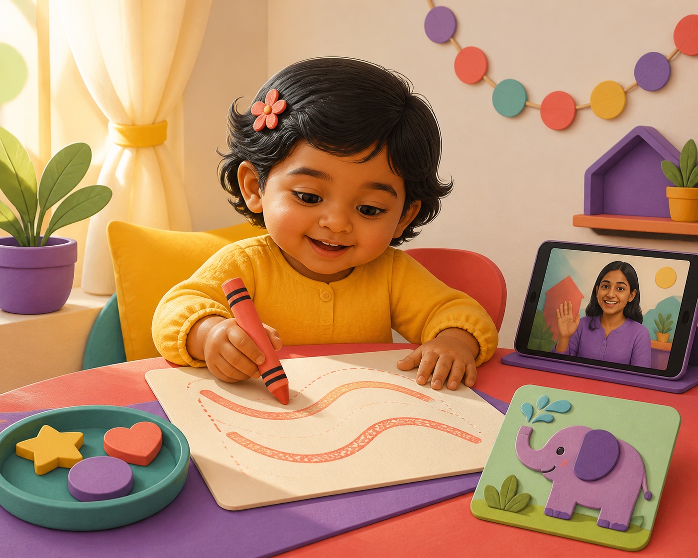 A Pre-KG child tracing broad curved lines during a live online class