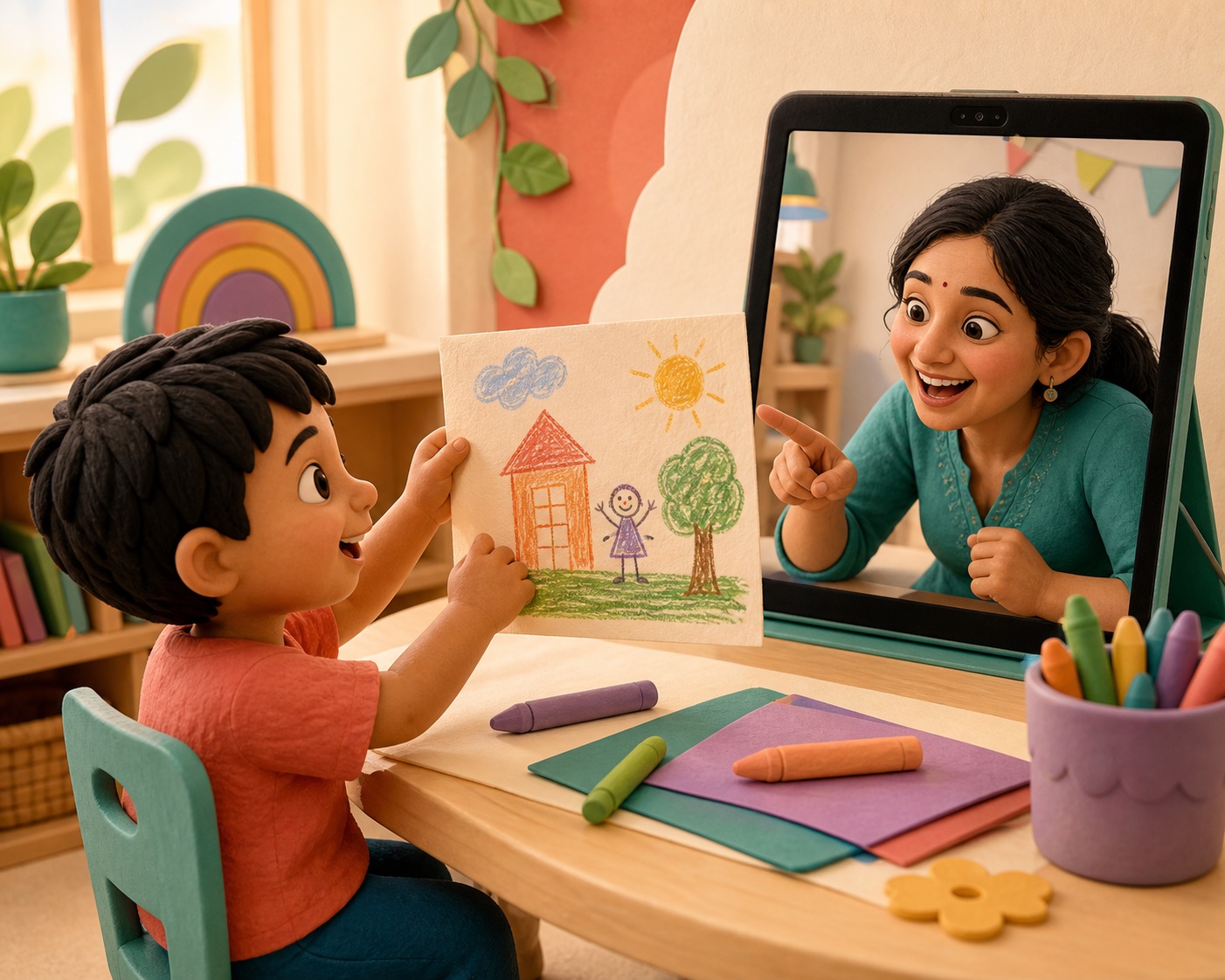 A child proudly showing his drawing to a teacher during a live class