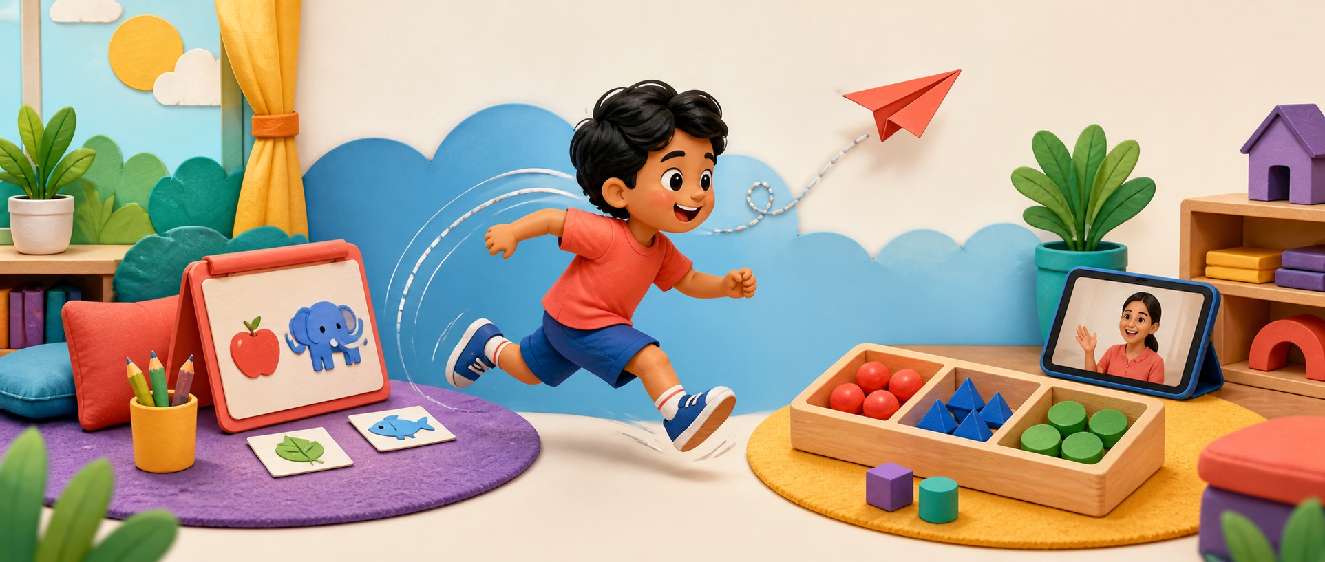 A child moving between playful English and Maths activities in a live Supernest class
