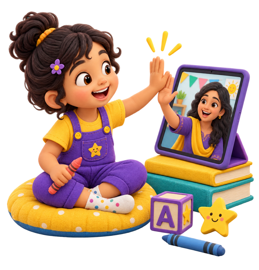 A child and teacher sharing a cheerful high-five during an online class