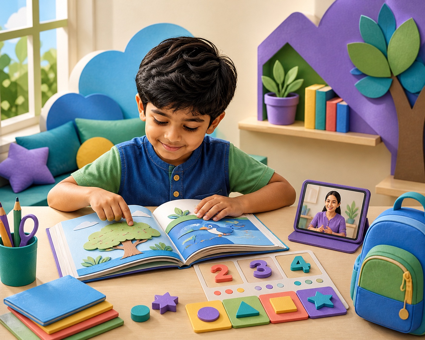 A UKG child reading and solving a number pattern during a live online class